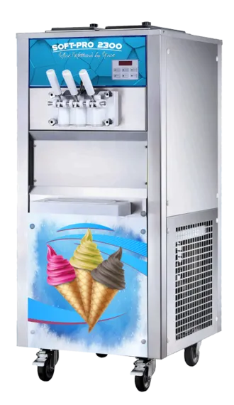 SoftPro 2300 típusú lágyfagylaltgép, elején csavart fagylalt mintával